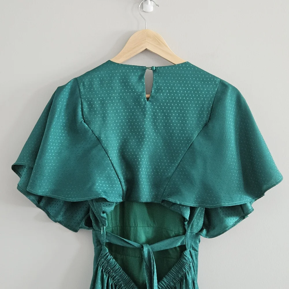 Lulu's Satin Midi Dress Emerald Green Small Polka Dot Satin Occasion Romantic - Picture 5 of 13